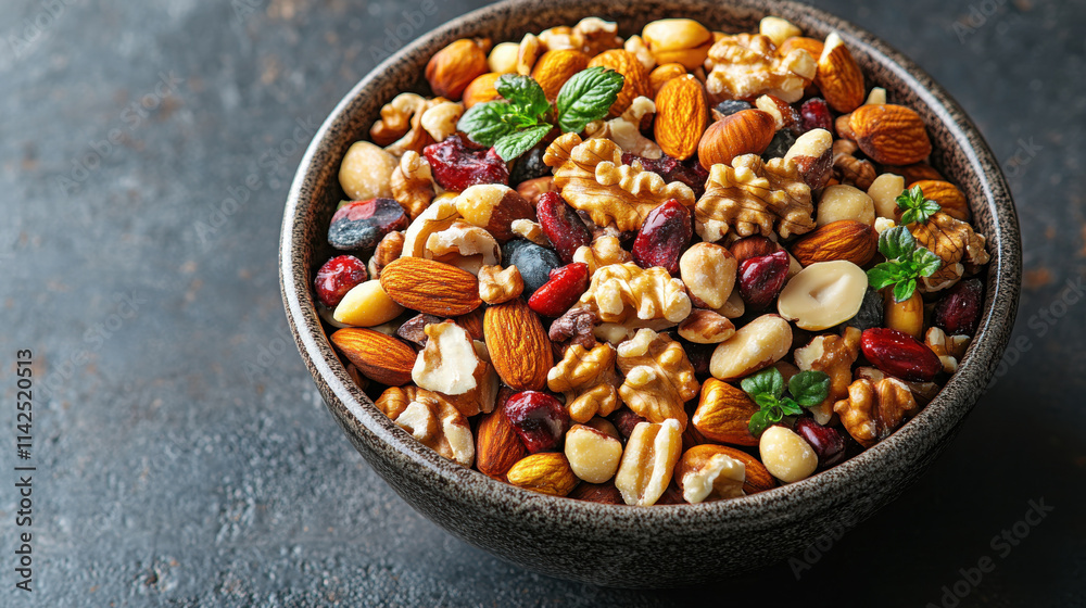 vibrant bowl of mixed nuts including almonds, walnuts, hazelnuts, and peanuts, garnished with mint leaves, perfect for healthy snacking and adding flavor to dishes vibrant bowl of mixed nuts including almonds, walnuts, hazelnuts, and peanuts, garnished with mint leaves, perfect for healthy snacking and adding flavor to dishes