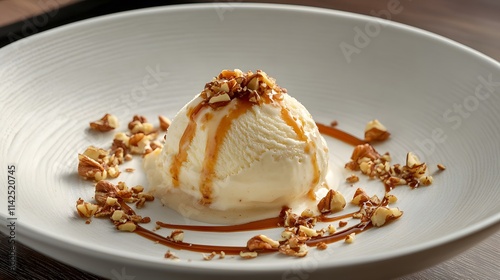 Creamy vanilla ice cream scoop topped with crunchy nuts and drizzled with caramel sauce on a decorative plate, enticing dessert presentation for culinary enthusiasts