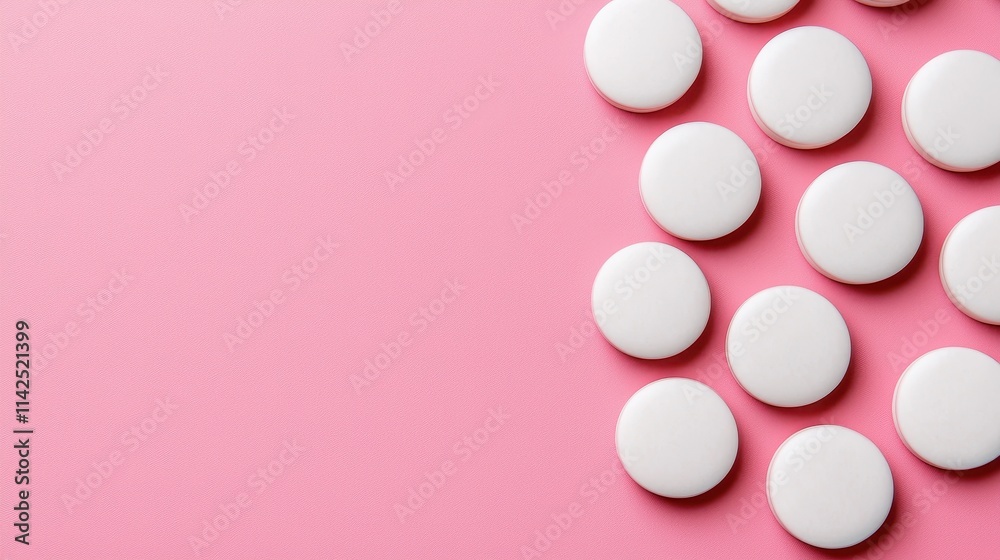 White Circular Objects on Soft Pink Background in Flat Lay Style White Circular Objects on Soft Pink Background in Flat Lay Style