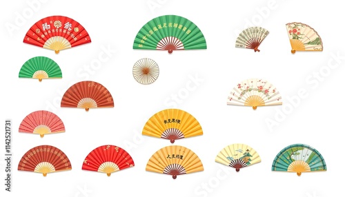 Chinese Fan Icon Set - Set Of Tuanshan With Art Flowers - Gongshan - Bian Mian - Reuni Fan - Traditional Hand Fan photo