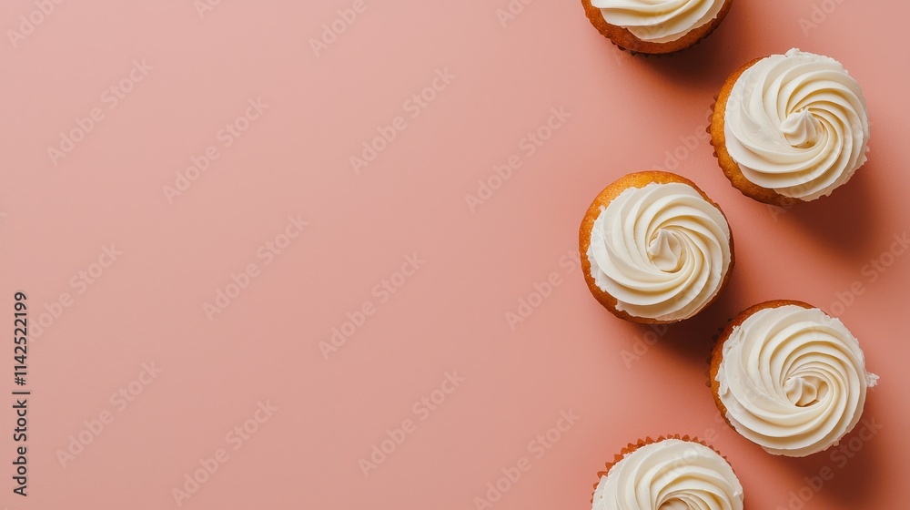 Freshly Baked Cupcakes with Creamy Frosting on Pastel Background Freshly Baked Cupcakes with Creamy Frosting on Pastel Background