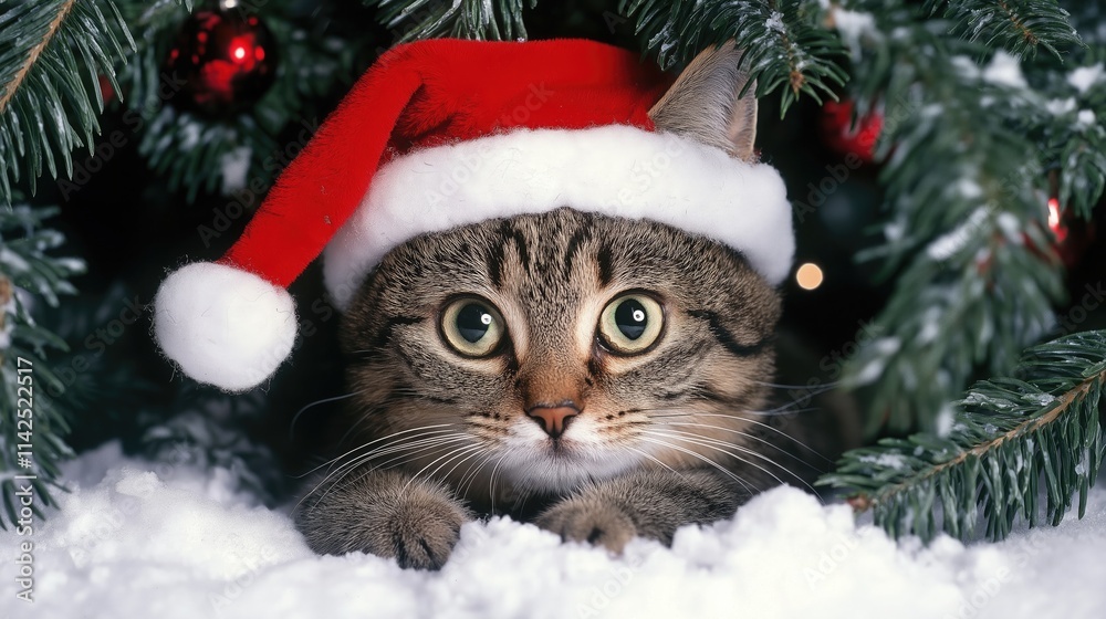 A cat wearing a Santa hat hides in a Christmas snow scene with branches of pine cone tree around. A cat wearing a Santa hat hides in a Christmas snow scene with branches of pine cone tree around.