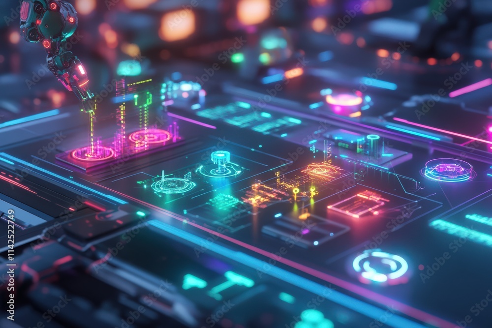 Fototapeta premium Futuristic technology showcase digital circuit board 3d visualization neon environment close-up view innovation concept