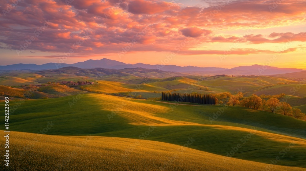 Obraz premium Serene Rolling Hills Under Colorful Sunset Sky in Tuscany Landscape
