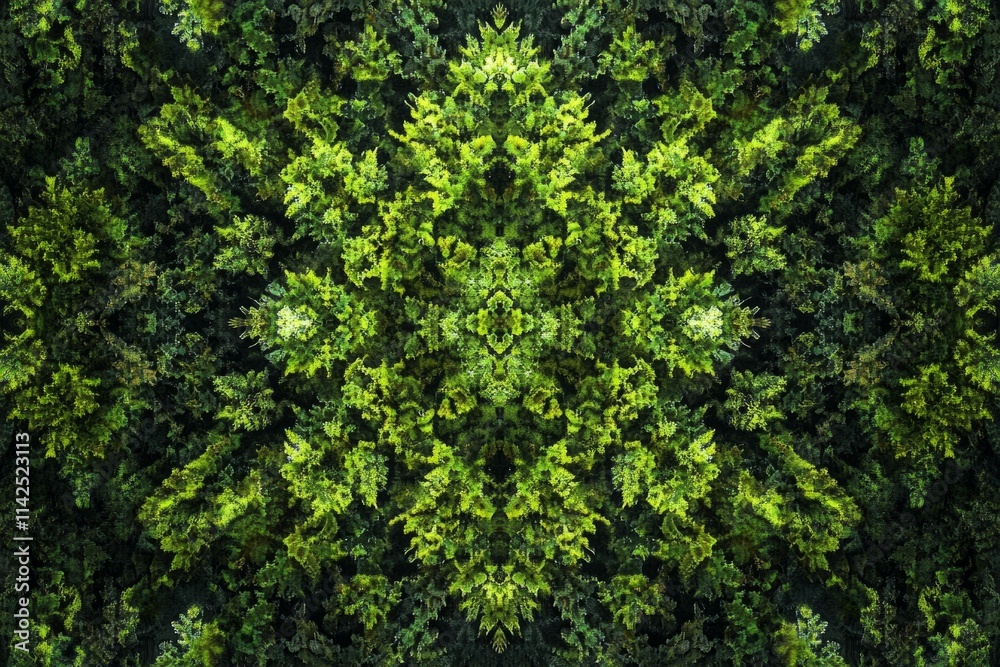 Kaleidoscopic pattern created with green leaves, forming a natural background with vibrant shades of green