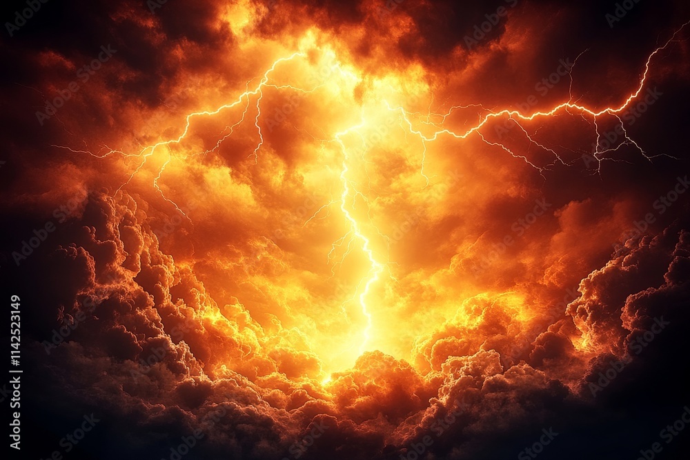 Dramatic Lightning Strikes in a Fiery Sky with Dark Clouds and Vibrant Orange and Yellow Hues Illuminating a Stormy Atmosphere Above the Land Dramatic Lightning Strikes in a Fiery Sky with Dark Clouds and Vibrant Orange and Yellow Hues Illuminating a Stormy Atmosphere Above the Land
