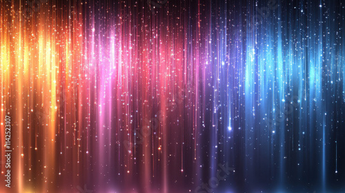 vibrant rainbow gradient with sparkling lights creates stunning visual effect. colorful vertical lines blend beautifully against dark background, evoking sense of wonder and joy