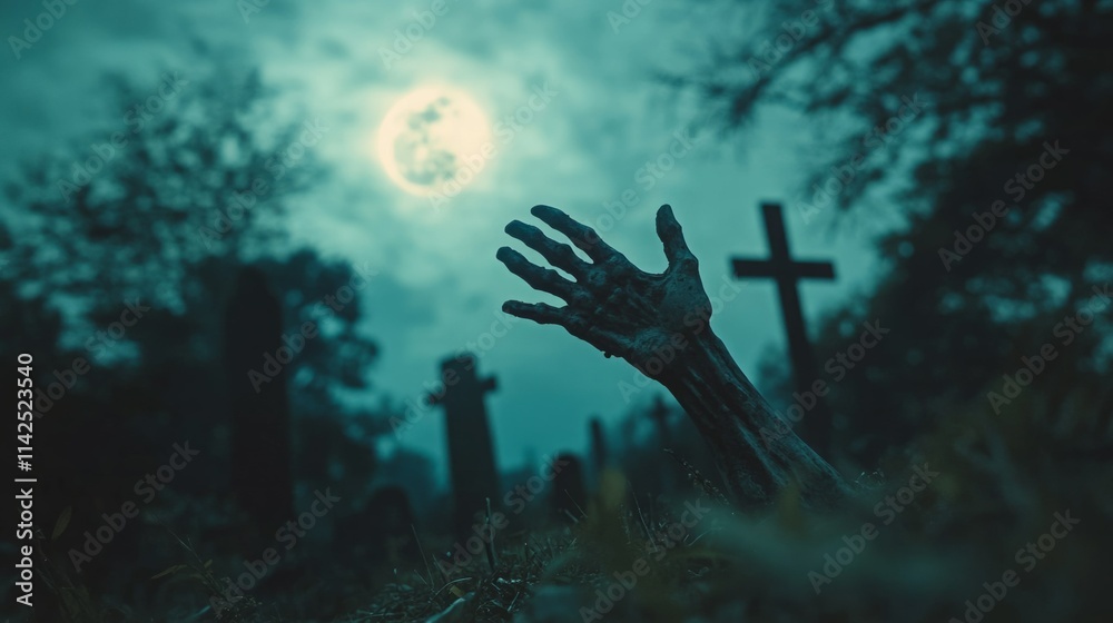 Obraz premium A zombie hand emerges from a grave under a spooky moonlit sky.