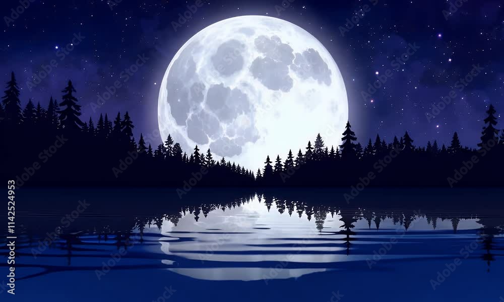 Full Moon Reflection on a Serene Lake with Silhouettes of Pine Trees, a Nighttime Scene of Tranquility and Beauty, Peaceful Nature Background Video Full Moon Reflection on a Serene Lake with Silhouettes of Pine Trees, a Nighttime Scene of Tranquility and Beauty, Peaceful Nature Background Video