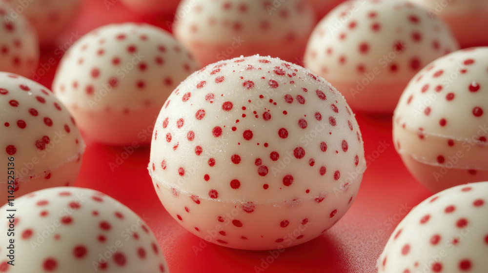 Delightful peppermint candies with vibrant red background, featuring white spheres adorned with red dots, creating festive and cheerful atmosphere Delightful peppermint candies with vibrant red background, featuring white spheres adorned with red dots, creating festive and cheerful atmosphere