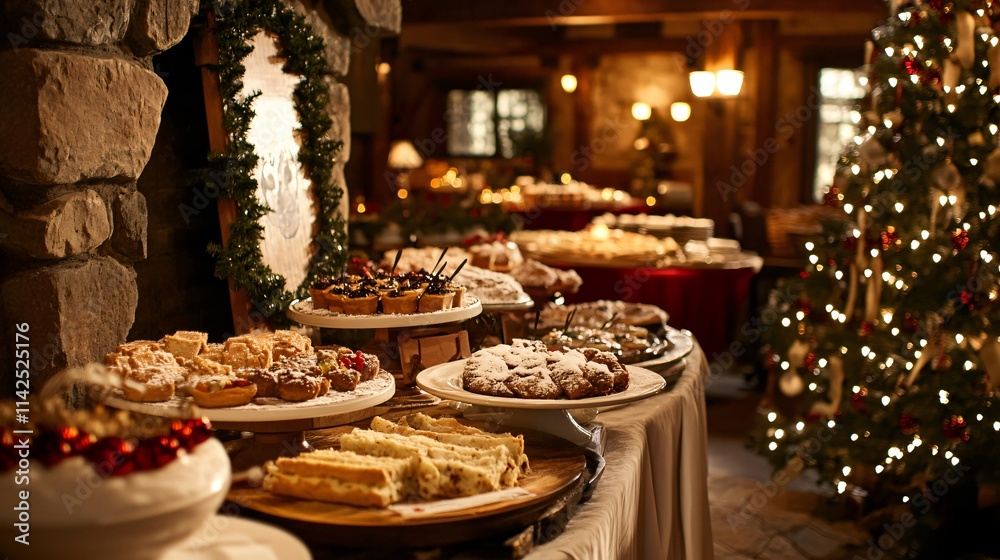 Delicious christmas treats displayed in a cozy lodge festive dessert table holiday atmosphere inviting viewpoint Delicious christmas treats displayed in a cozy lodge festive dessert table holiday atmosphere inviting viewpoint