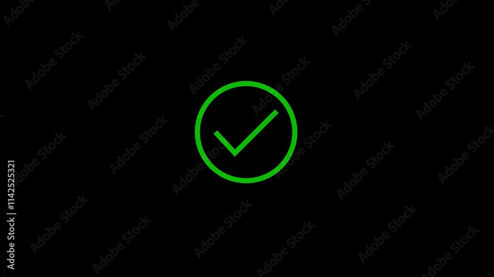 Green check Tick mark enclosed within a circular outline set against a solid black background. approval, success, completion. validation, confirmation, achievement, success, tick select, accept, agree Green check Tick mark enclosed within a circular outline set against a solid black background. approval, success, completion. validation, confirmation, achievement, success, tick select, accept, agree