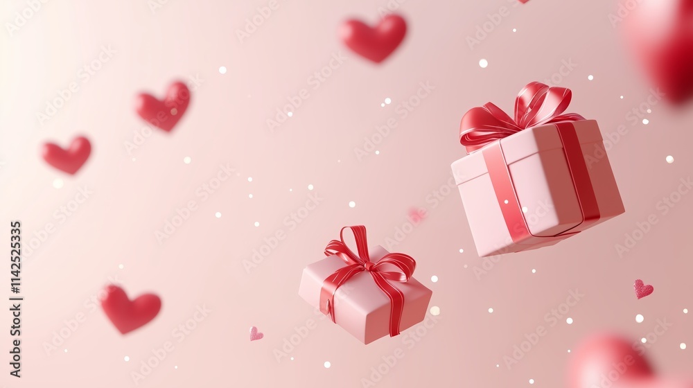 A Valentine's Day background with flying gift boxes and hearts against a pastel pink color. A Valentine's Day background with flying gift boxes and hearts against a pastel pink color.