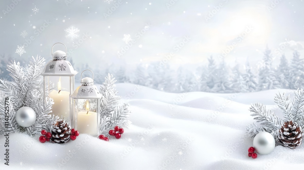 Winter Wonderland with Snowy Landscape, Lanterns, and Pine Cones Winter Wonderland with Snowy Landscape, Lanterns, and Pine Cones