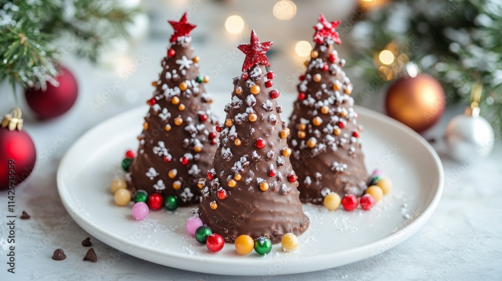 Christmas chocolate cone cakes on a ceramic plate. Festive New Year dessert , decor, baking. Selective focus Christmas chocolate cone cakes on a ceramic plate. Festive New Year dessert , decor, baking. Selective focus