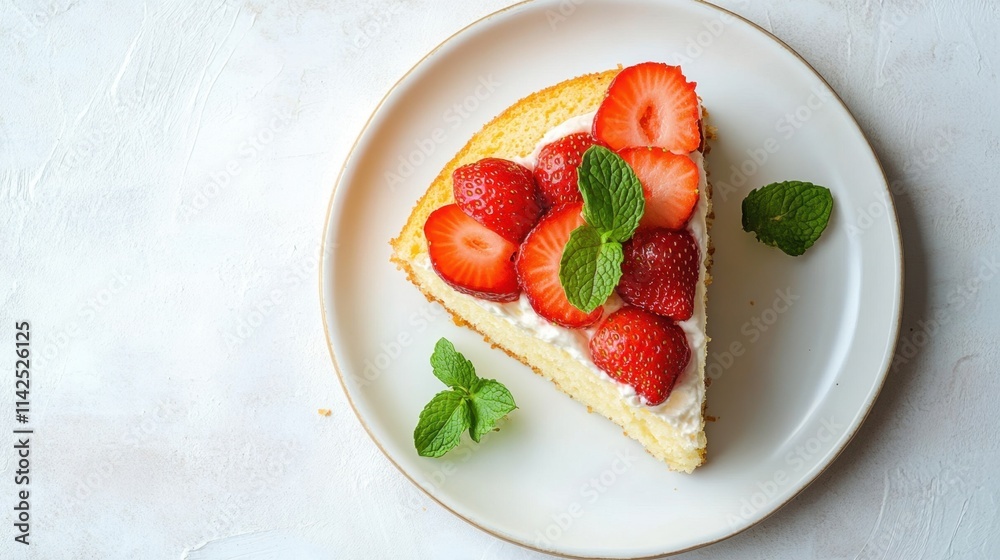 Delicious Strawberry Cake Slice with Fresh Mint Leaves on Plate Delicious Strawberry Cake Slice with Fresh Mint Leaves on Plate
