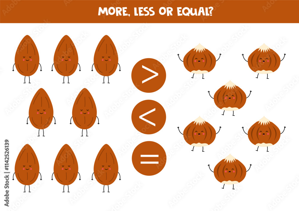 More, less, equal with cartoon nuts. Almonds and hazelnuts. More, less, equal with cartoon nuts. Almonds and hazelnuts.