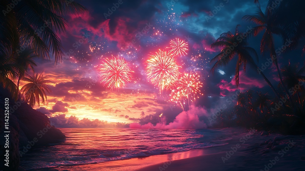 Fireworks display over beach at sunset tropical paradise scenic