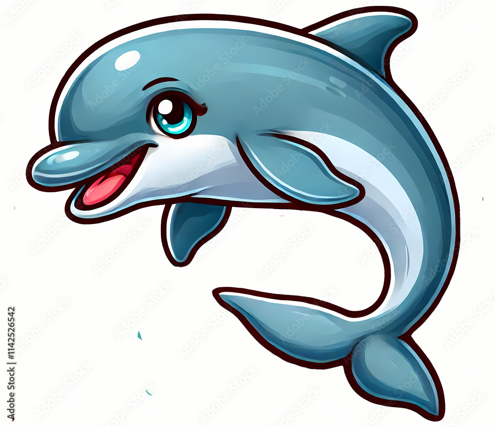 Obraz premium Cartoon dolphin character with a cheerful expression and bright colors, perfect for kids' themes.