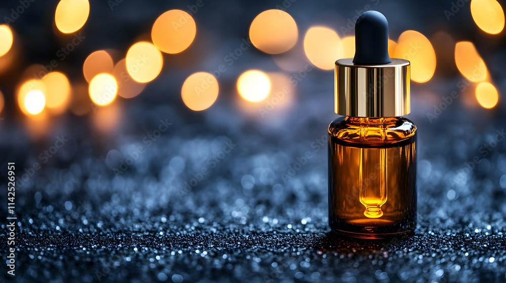 Amber Glass Dropper Bottle on Glittering Background, Product Photography Amber Glass Dropper Bottle on Glittering Background, Product Photography