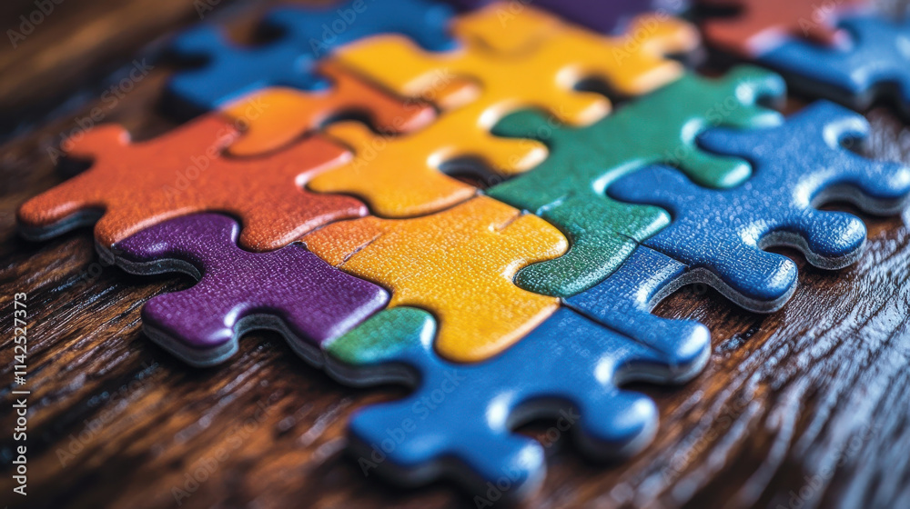 Colorful jigsaw puzzle pieces arranged on wooden surface, creating vibrant and engaging background. Perfect for games, creativity, and fun activities Colorful jigsaw puzzle pieces arranged on wooden surface, creating vibrant and engaging background. Perfect for games, creativity, and fun activities