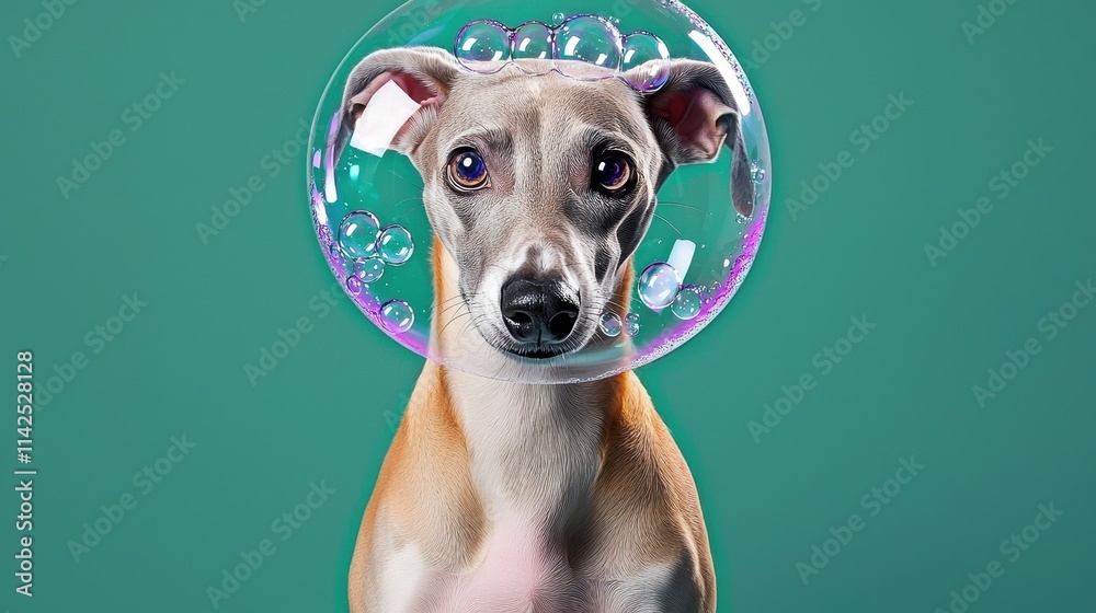 Dog in Bubble Headgear Surrounded by Colorful Bubbles Dog in Bubble Headgear Surrounded by Colorful Bubbles