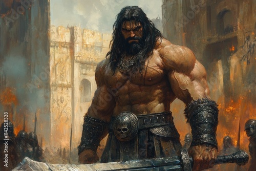 Muscular barbarian warrior with large sword leading his troops into battle in a burning city