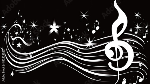 White treble clef and musical notes on black background. photo