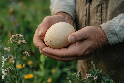 Farmer holding a large fresh organic egg in his hands photo