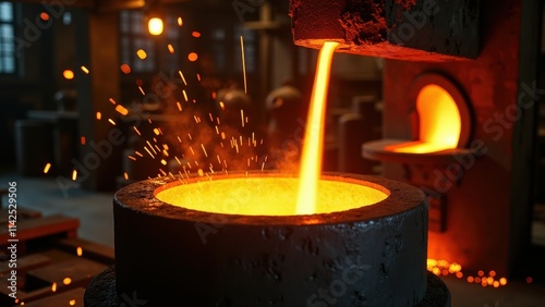 Molten Metal Being Poured into Cast in Industrial Setting photo