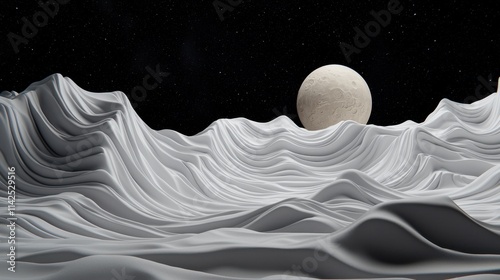 Abstract Landscape of Wavy Terrain Under Stellar Sky with Moon photo