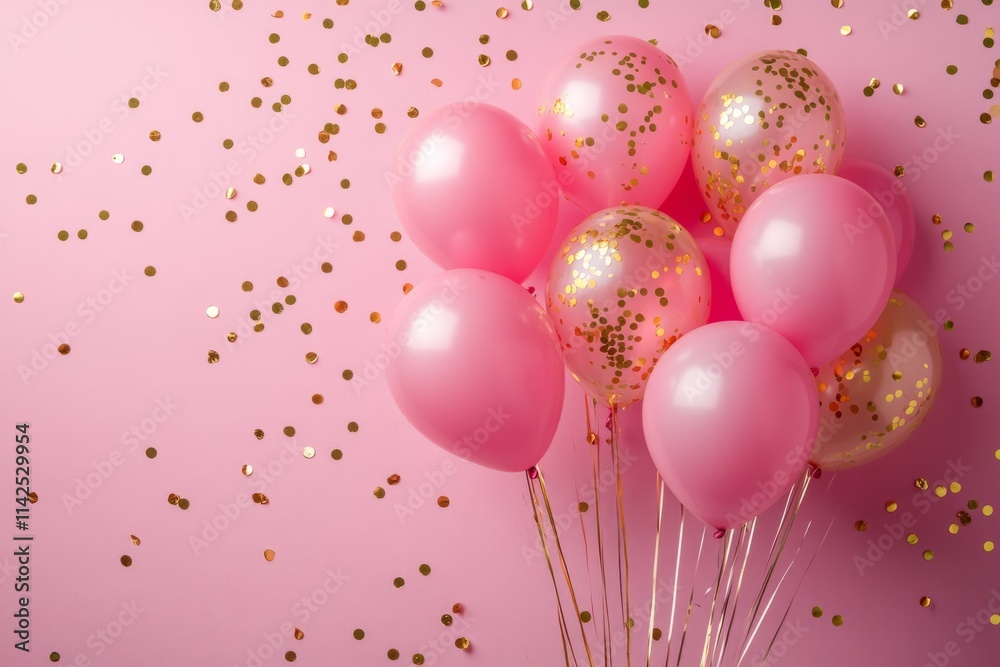 Pink balloons and golden confetti floating against a pink backdrop create a joyful atmosphere, perfect for birthday celebrations and festive events Pink balloons and golden confetti floating against a pink backdrop create a joyful atmosphere, perfect for birthday celebrations and festive events