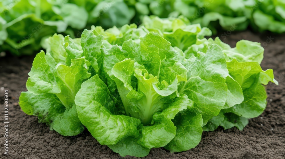 A bunch of green lettuce is growing in the dirt
