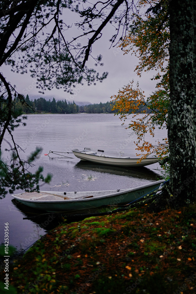 a Norwegian lake surrounded by trees on a dark rainy day a Norwegian lake surrounded by trees on a dark rainy day