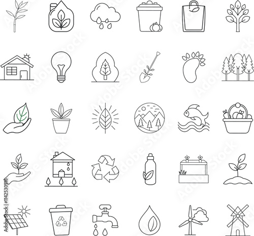 Ecofriendly icons nature, recycling, renewable energy, sustainability, growth