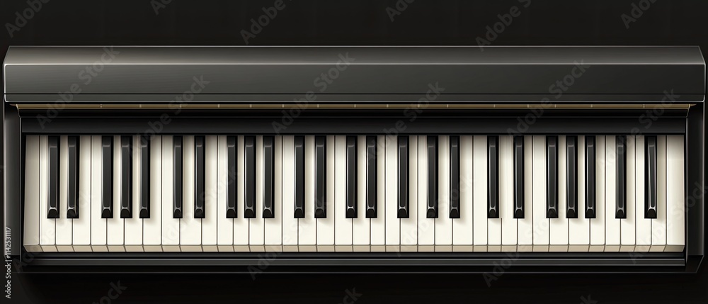 Overhead view of a black piano keyboard. Overhead view of a black piano keyboard.