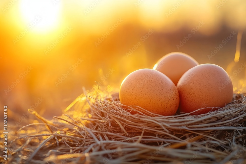Three brown eggs resting in a hay nest during a vibrant sunset, evoking warmth and natural abundance Three brown eggs resting in a hay nest during a vibrant sunset, evoking warmth and natural abundance