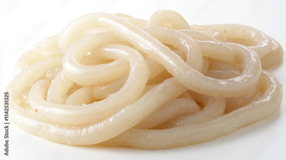Sliced squid rings beautifully arranged on a white background, highlighting the artistry in preparing seafood dishes Sliced squid rings beautifully arranged on a white background, highlighting the artistry in preparing seafood dishes