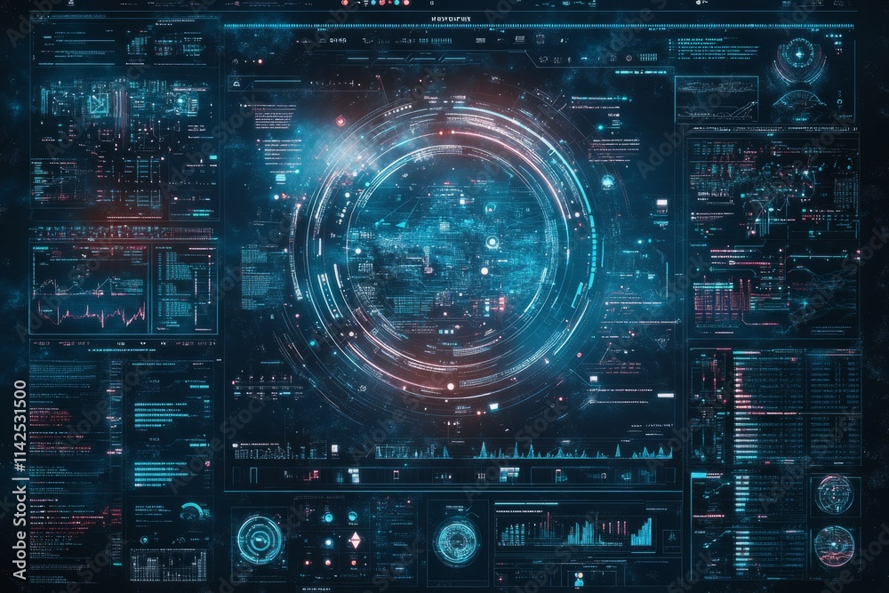 Futuristic hud displaying rotating circles and complex data analysis charts, perfect for technology and innovation concepts Futuristic hud displaying rotating circles and complex data analysis charts, perfect for technology and innovation concepts