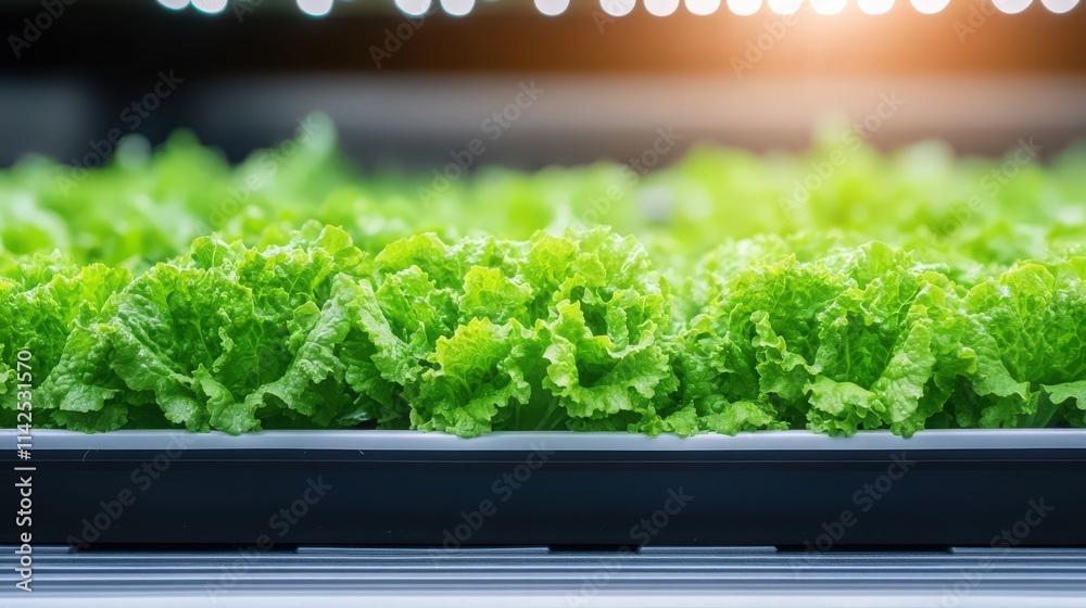 A row of green lettuce plants are growing in a greenhouse A row of green lettuce plants are growing in a greenhouse