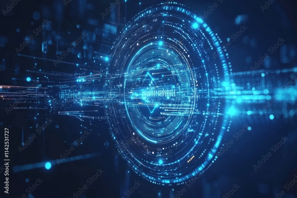 Obraz premium Glowing futuristic portal rotating with digital code and data transfering in cyberspace