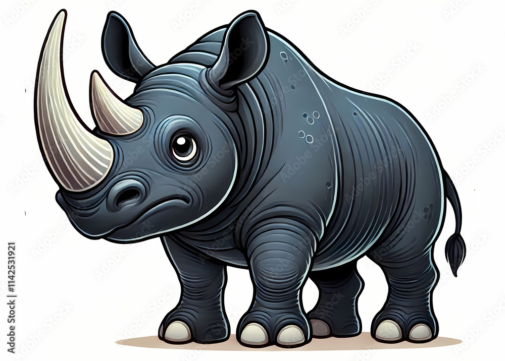 Fototapeta premium Cute cartoon rhinoceros character with a big horn and expressive eyes.