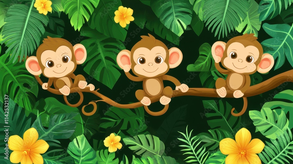 Naklejka premium Three Cute Cartoon Monkeys in Tropical Foliage Surrounded by Flowers
