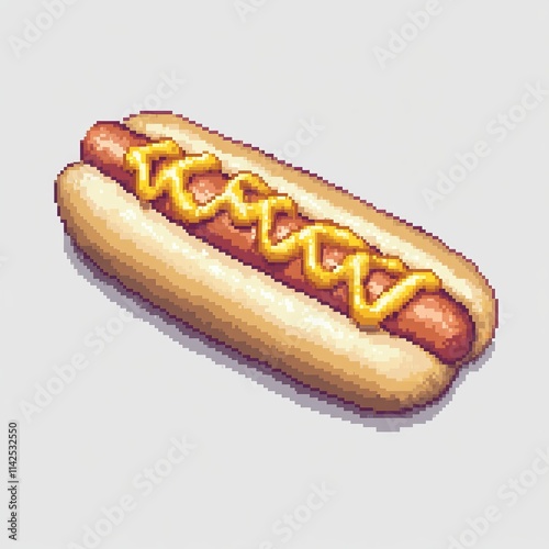 Retro 8-Bit Corndog with Mustard Swirl on White Background for Minimalistic Design photo