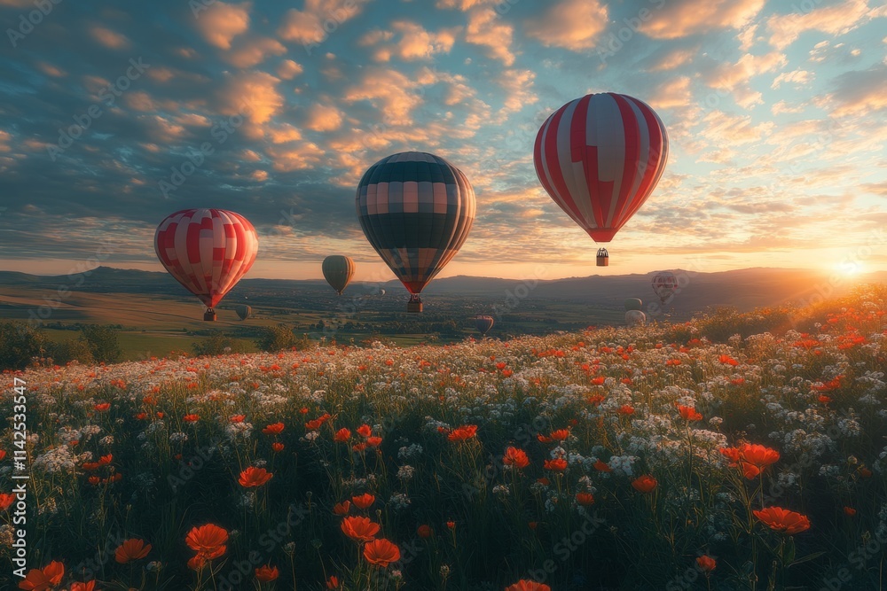 Obraz premium Colorful hot air balloons flying over a beautiful field of wildflowers at sunset, creating a serene and picturesque scene