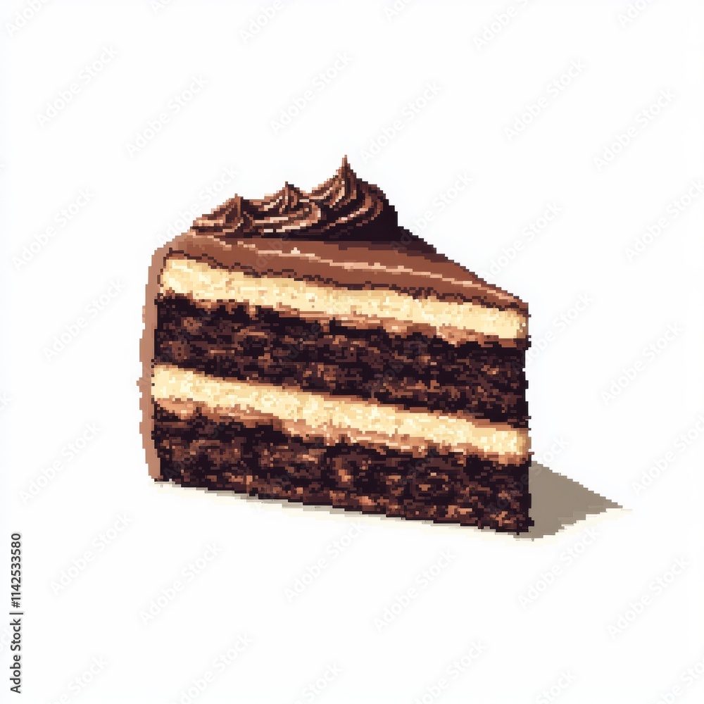 Pixel Art Slice of Chocolate Cake with Frosting Layers on White Background Pixel Art Slice of Chocolate Cake with Frosting Layers on White Background