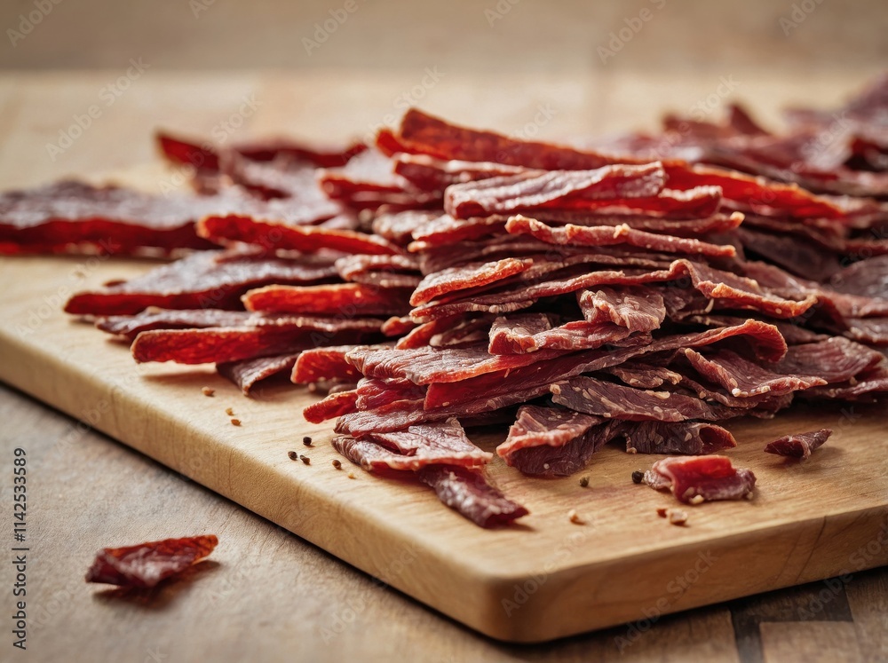 A stack of small beef jerky pieces arranged on a light wooden cutting board. A stack of small beef jerky pieces arranged on a light wooden cutting board.