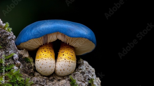 Azure Twins: A mesmerizing close-up of two vibrant blue mushrooms emerging from a mossy surface, their golden undersides contrasting against the deep black background. photo