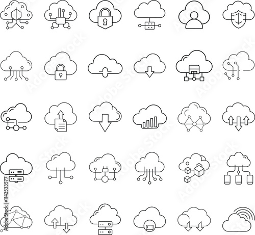 Cloud Computing Icons Network, Security, Data Storage, and Sharing