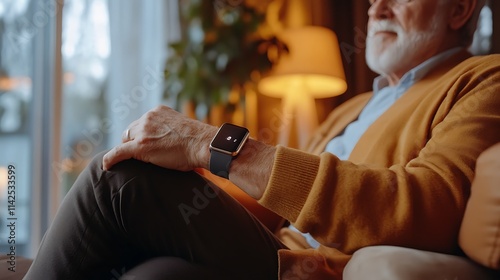 A patient undergoing remote health monitoring with a wearable device on their wrist while sitting in a comfortable home setting  photo